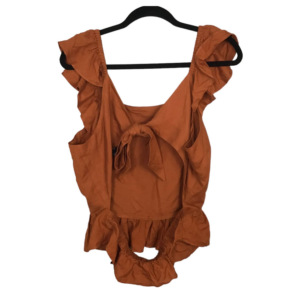Express Linen Rust Ruffle Sleeve Blouse - Picture 5 of 7